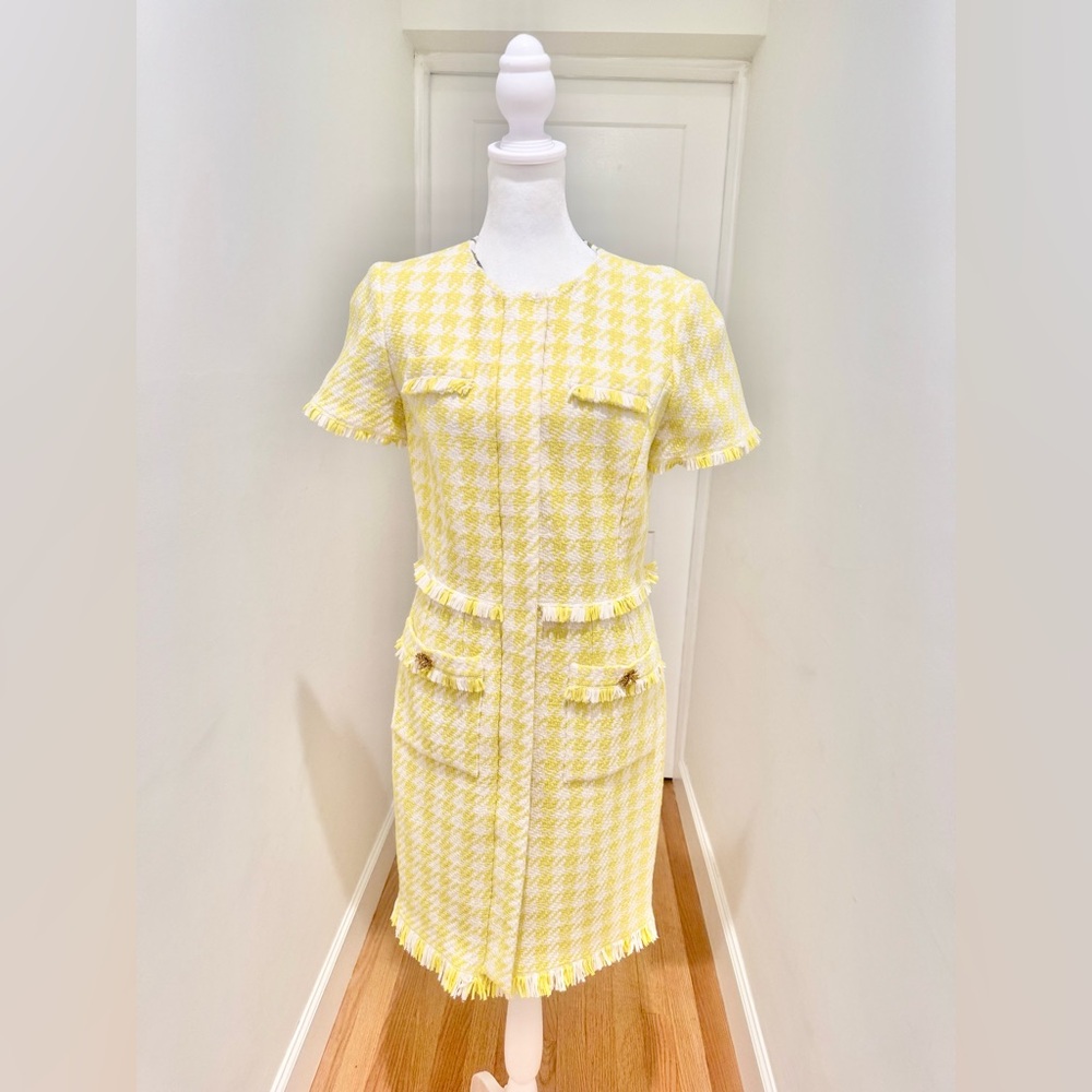 Oscar de la Renta Yellow Fringe Gigham Mini Dress - Picture 2 of 7
